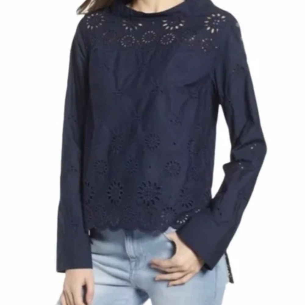 J. Crew Dark Blue Funnelneck shirt in eyelet size 4 cotton 100%